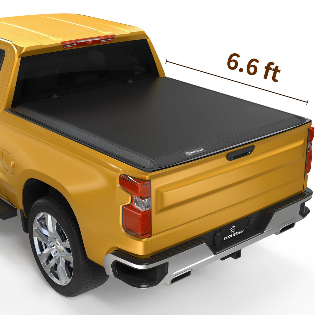 YITAMOTOR® Soft Quad Fold 2019-2024 Chevy Silverado/GMC Sierra 1500 Nuevo estilo de carrocería, cubierta tipo lona para caja de camioneta Fleetside de 6.6 pies