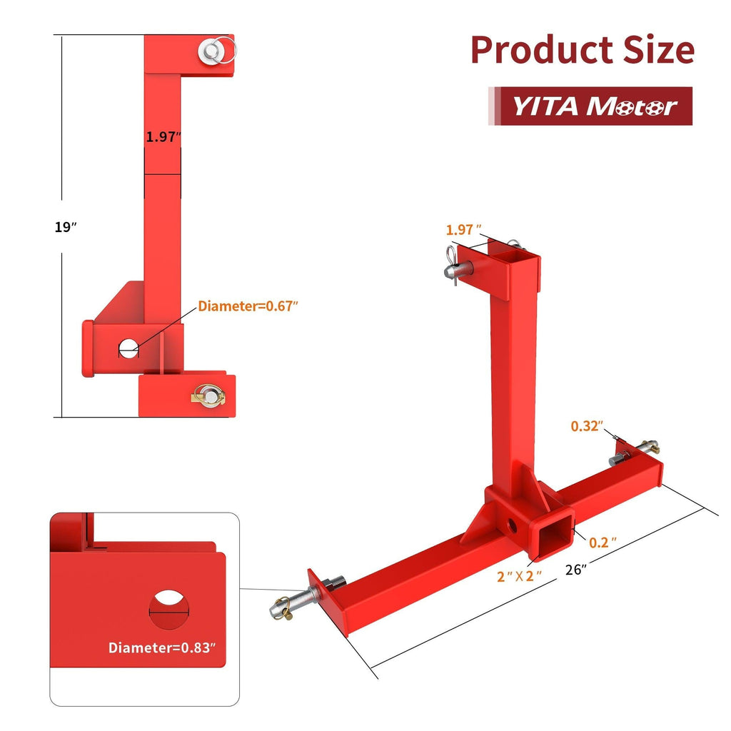 YITAMOTOR® 3 Point Trailer Hitch with 2" Receiver for Category 1 Tractor