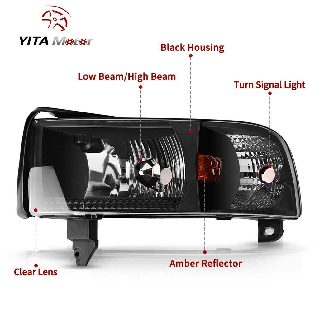 YITAMOTOR® 1994-2001 Dodge Ram 1500 Headlights Black Housing Headlamp Assembly