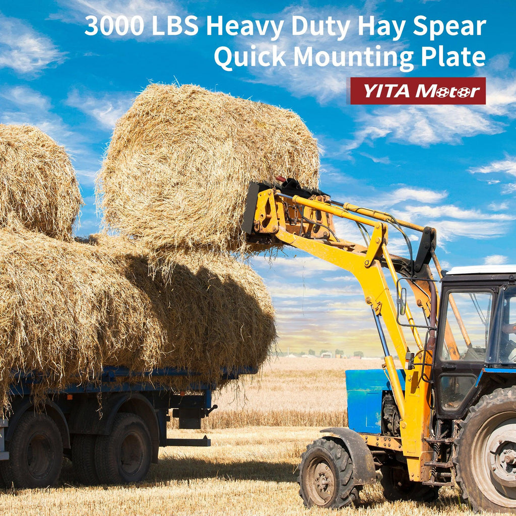 YITAMOTOR® 49" Tractor Hay Spear & Skid Steer Loader 3000lbs Quick Attach for Bobcat Tractors with 2pcs 17" Stabilizer Spears Spike Fork Tine Attachment