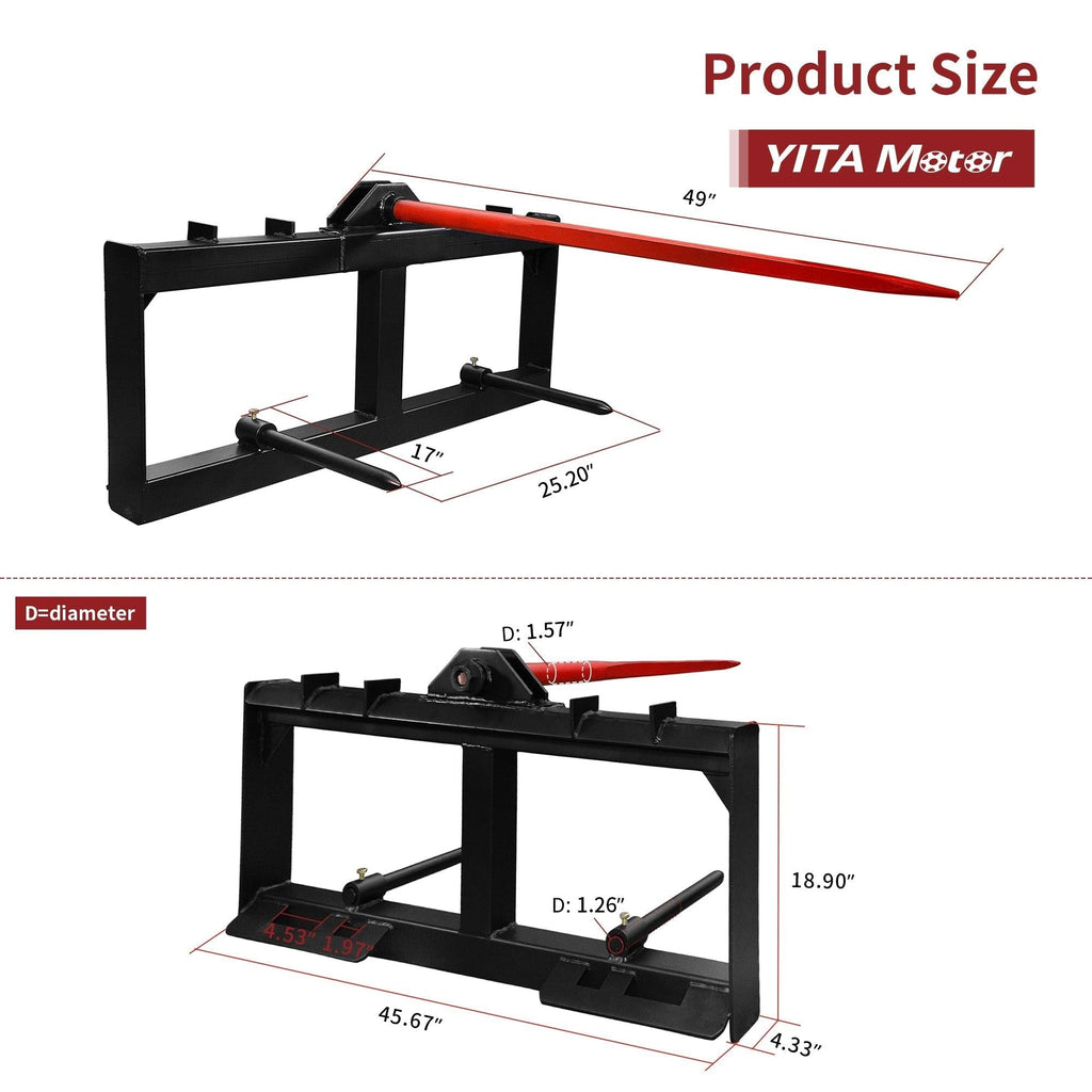 YITAMOTOR® 49" Tractor Hay Spear & Skid Steer Loader 3000lbs Quick Attach for Bobcat Tractors with 2pcs 17" Stabilizer Spears Spike Fork Tine Attachment